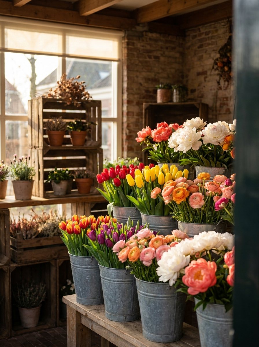 Sfeervolle bloemenkiosk vol zinken emmers met verse tulpen, ranonkels en pioenrozen